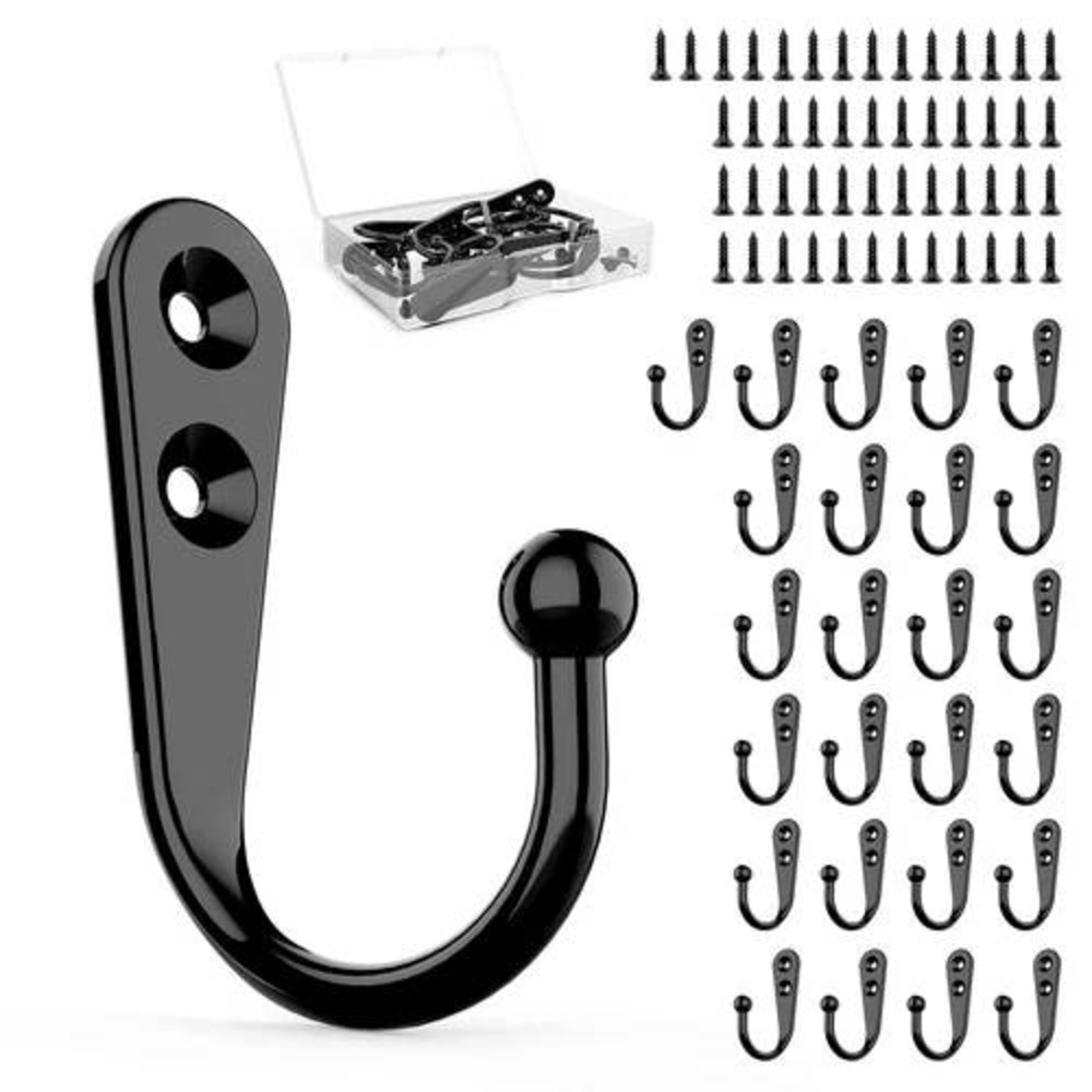 30 Pcs Black Coat Hat Towel Key Cup Wall Hooks with Screws Bulk Set ZE0691
